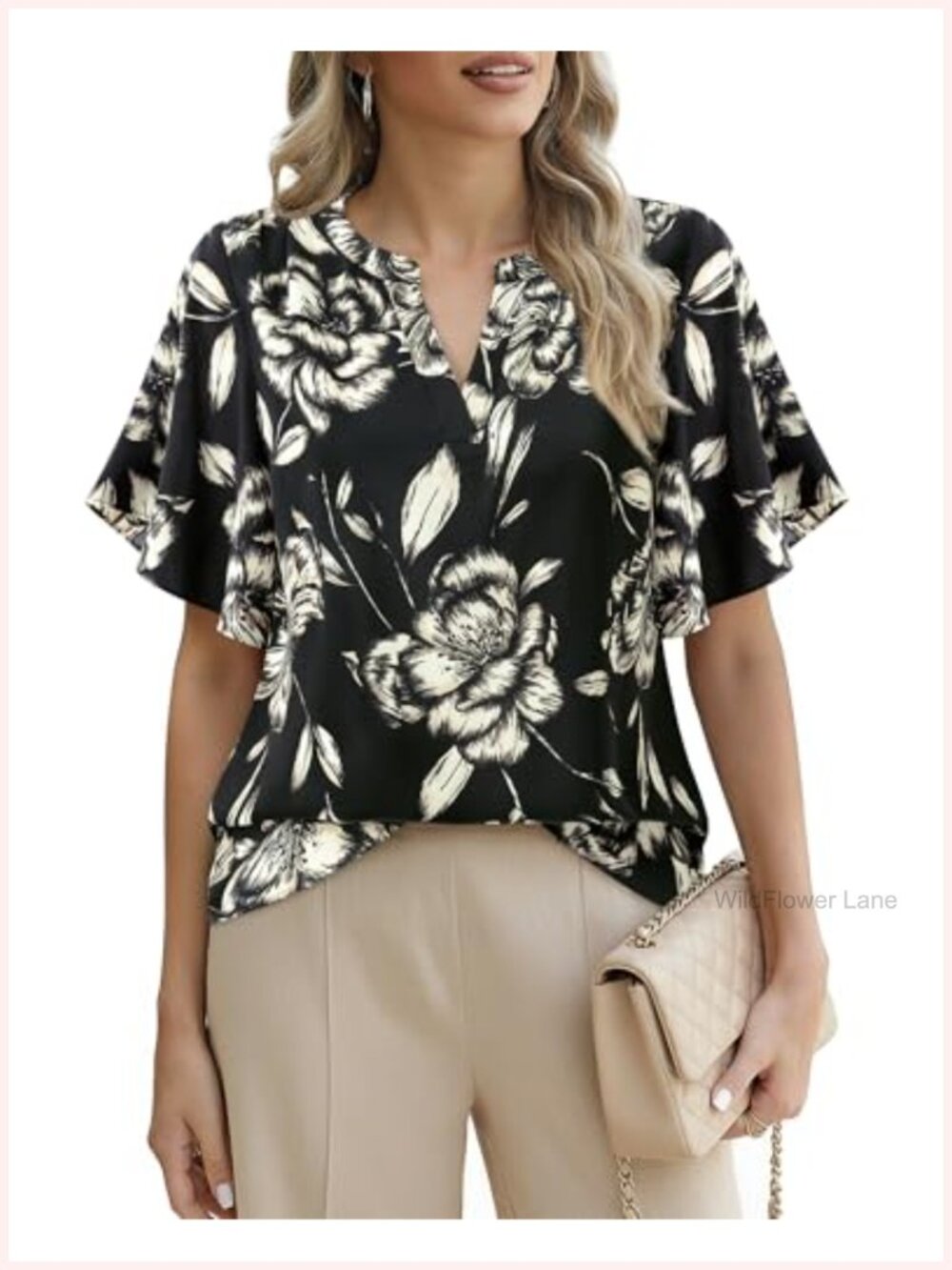 Womens Dressy Casual Blouse Short Sleeve V Neck Floral Business Work Top